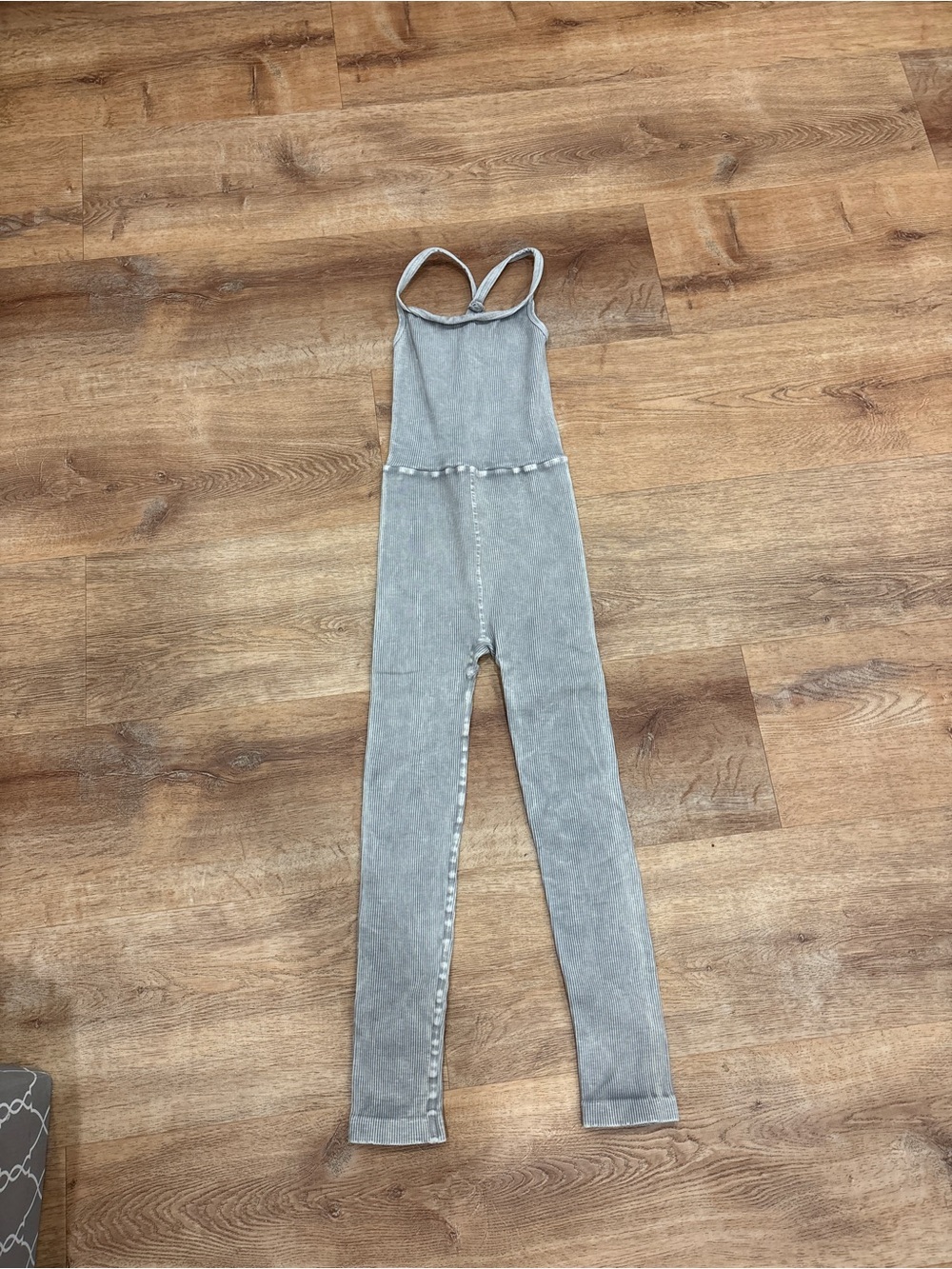 Free People Light Gray Ribbed Strappy Jumpsuit